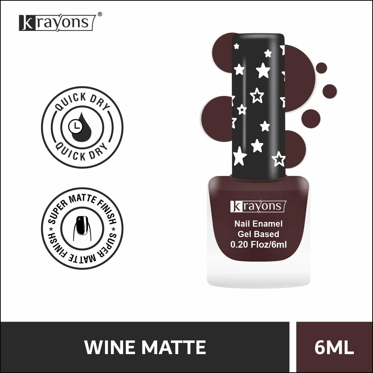 Krayons Cute Super Matte Finish Nail Enamel, Quick Dry, Smooth Finish, LongLasting, Wine Matte, 6ml