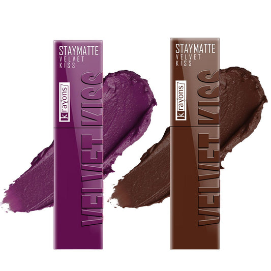 Krayons Velvet Kiss Liquid Matte Lipstick |12hrs long stay|Intense Color Payoff | Smudgeproof & Transferproof Lipstick for Women (Burgundy,Dark Chocolate, Pack of 2