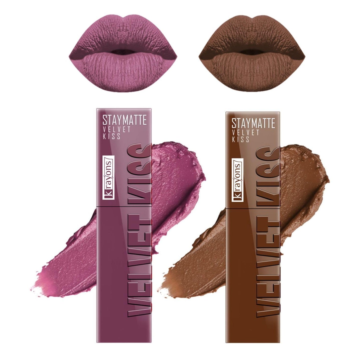 Krayons Velvet Kiss Liquid Matte Lipstick |12hrs long stay|Intense Color Payoff | Smudgeproof & Transferproof Lipstick for Women (Caramel Candy,Dusty Mauve, Pack of 2)