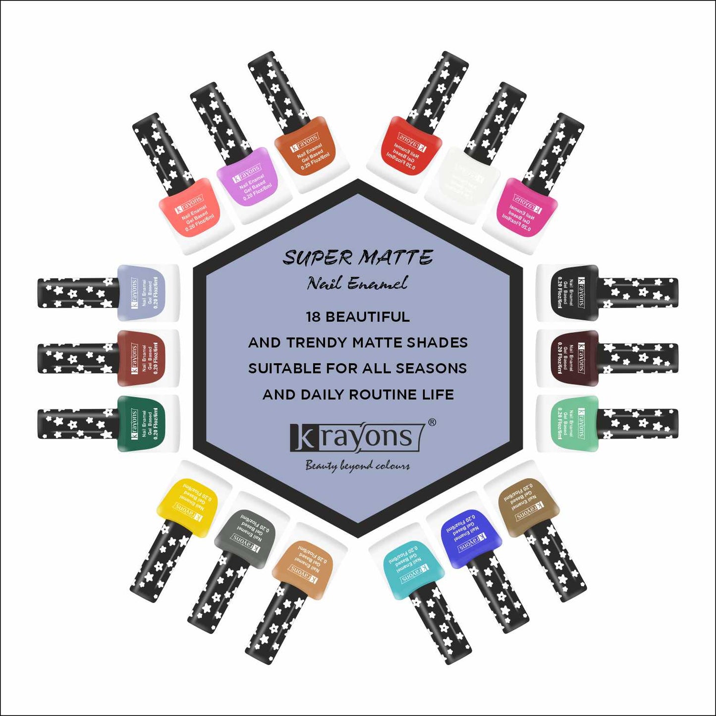 Krayons Cute Super Matte Finish Nail Enamel, Quick Dry, LongLasting, Blossom Peach, Hot Pink, Black Magnet, 6ml Each (Pack of 3)