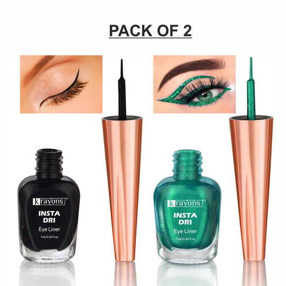 Krayons Insta Dri Sparkling Eyeliner, Black, Green, Waterproof, Longlasting, 7ml Each, Combo (Pack of 2)