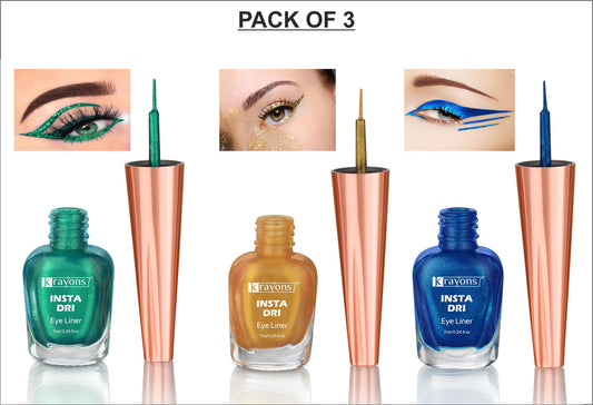 Krayons Insta Dri Sparkling Eyeliner, Green, Golden, Blue, Waterproof, Longlasting, 7ml Each, Combo (Pack of 3)
