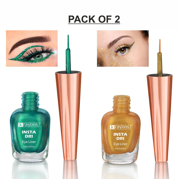 Krayons Insta Dri Sparkling Eyeliner, Green, Golden, Waterproof, Longlasting, 7ml Each, Combo (Pack of 2)