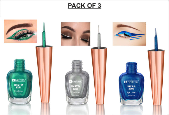 Krayons Insta Dri Sparkling Eyeliner, Green, Silver, Blue, Waterproof, Longlasting, 7ml Each, Combo (Pack of 3)