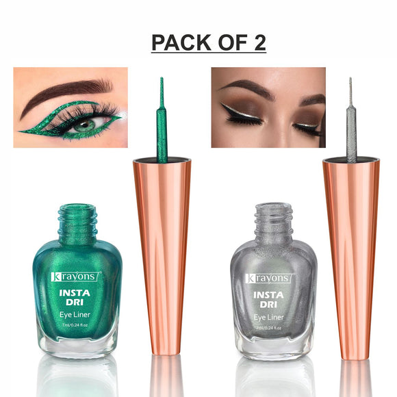 Krayons Insta Dri Sparkling Eyeliner, Green, Silver, Waterproof, Longlasting, 7ml Each, Combo (Pack of 2)