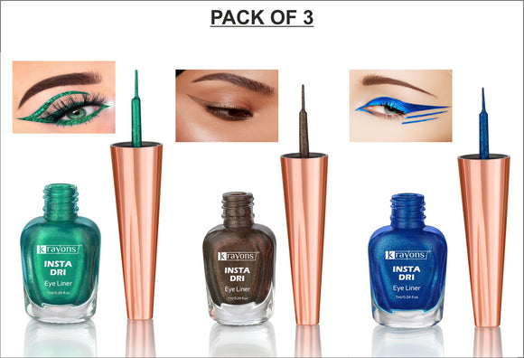 Krayons Insta Dri Sparkling Eyeliner, Green, Brown, Blue, Waterproof, Longlasting, 7ml Each, Combo (Pack of 3)