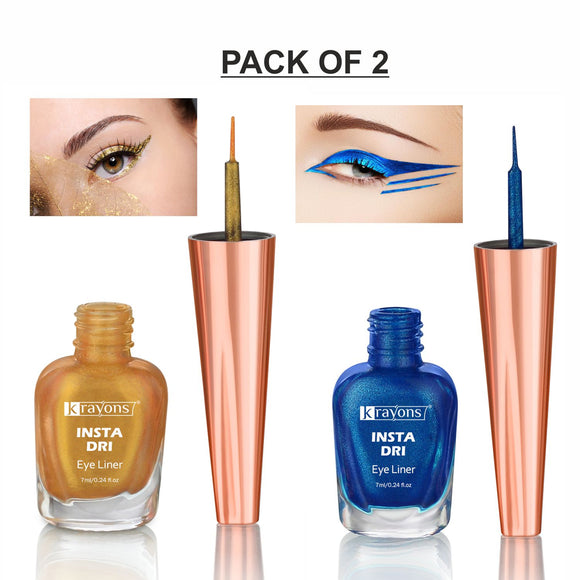 Krayons Insta Dri Sparkling Eyeliner, Golden, Blue, Waterproof, Longlasting, 7ml Each, Combo (Pack of 2)