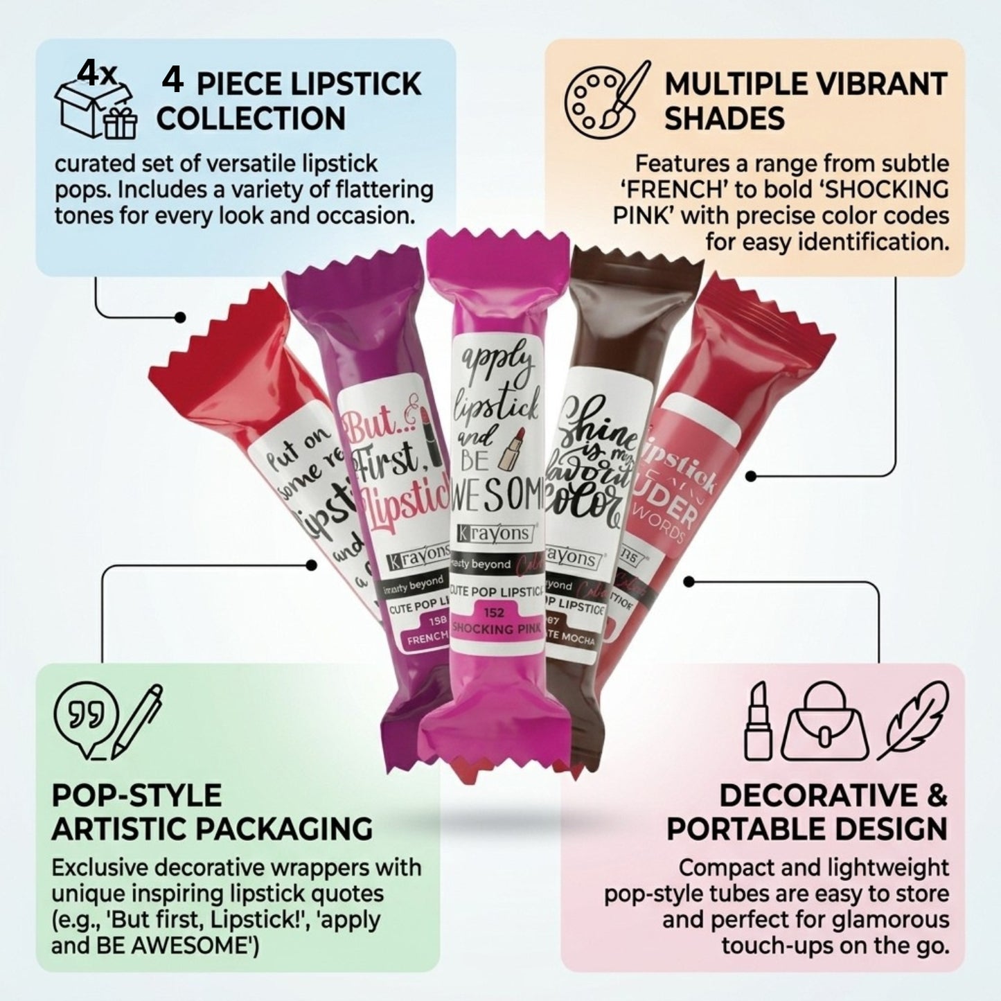 Krayons Cute  Matte Lipstick, Waterproof, Longlasting, 3.5gm Each, Pack of 4 (First Crush, Brick Tone, Orange Crush, Centre Stage)