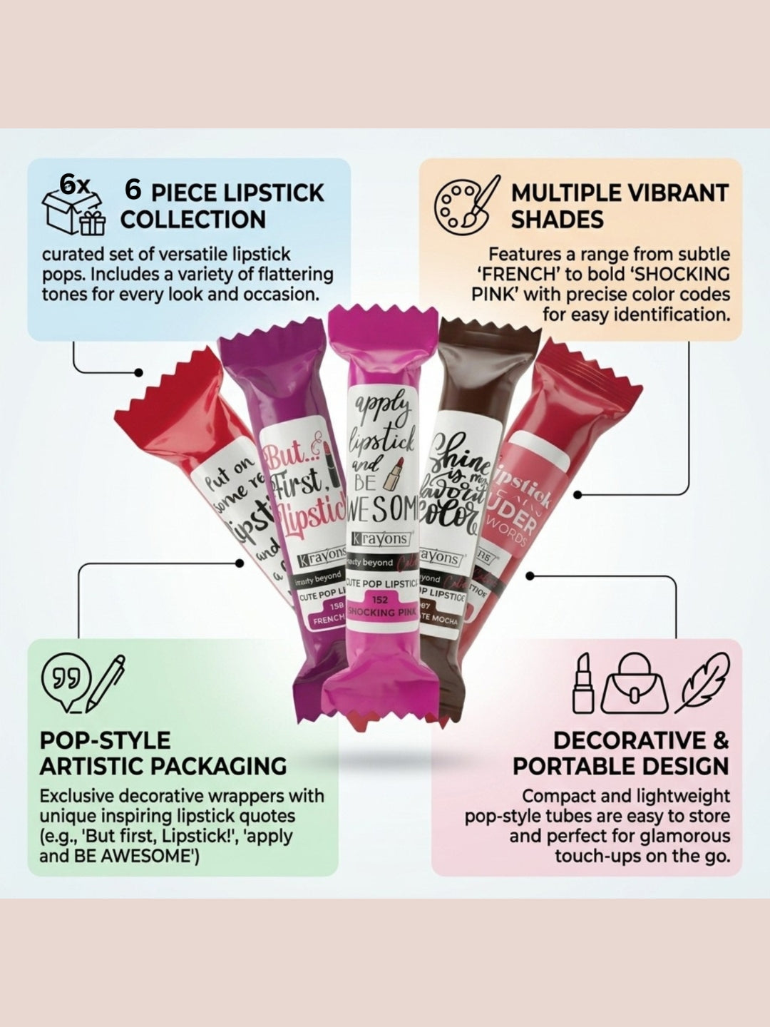 Krayons Cute  Matte Lipstick, Waterproof, Longlasting, 3.5gm Each, Multicolor (Pack of 6)