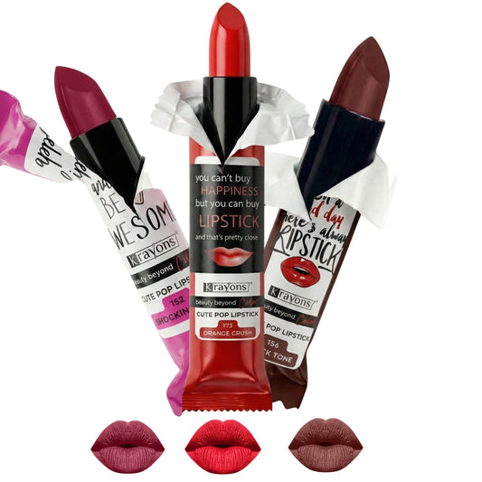 Krayons Cute  Matte Lipstick, Waterproof, Longlasting, 3.5gm Each, Pack of 3 (Shocking Pink, Brick Tone, Orange Crush)