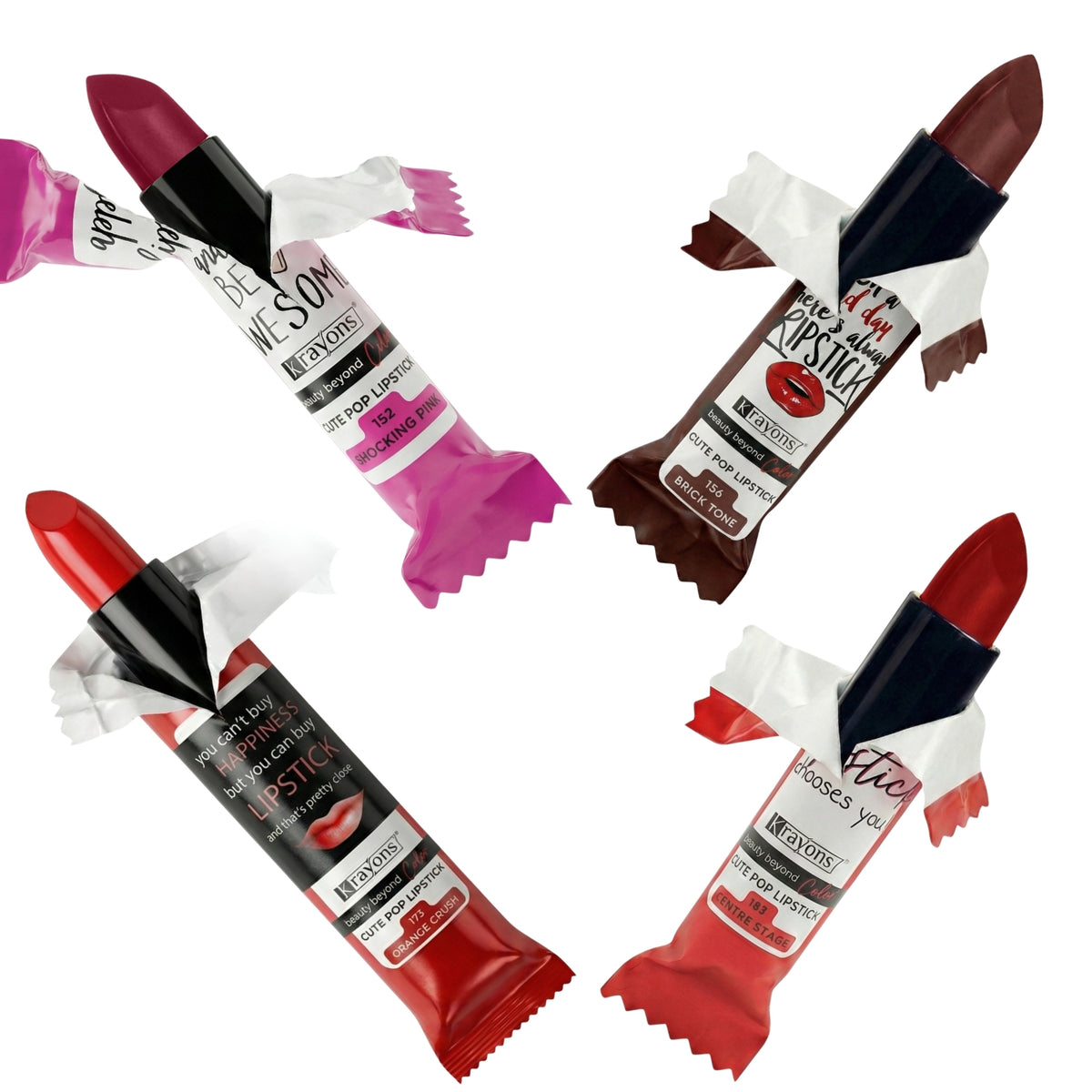 Krayons Cute  Matte Lipstick, Waterproof, Longlasting, 3.5gm Each, Pack of 4 (Shocking Pink, Brick Tone, Orange Crush, Centre Stage)