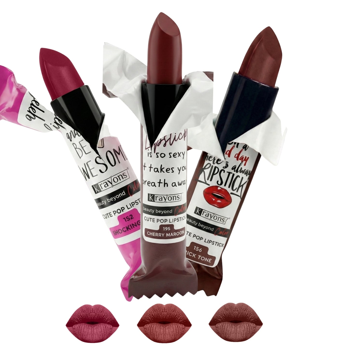 Krayons Cute  Matte Lipstick, Waterproof, Longlasting, 3.5gm Each, Pack of 3 (Shocking Pink, Brick Tone, Cherry Maroon)