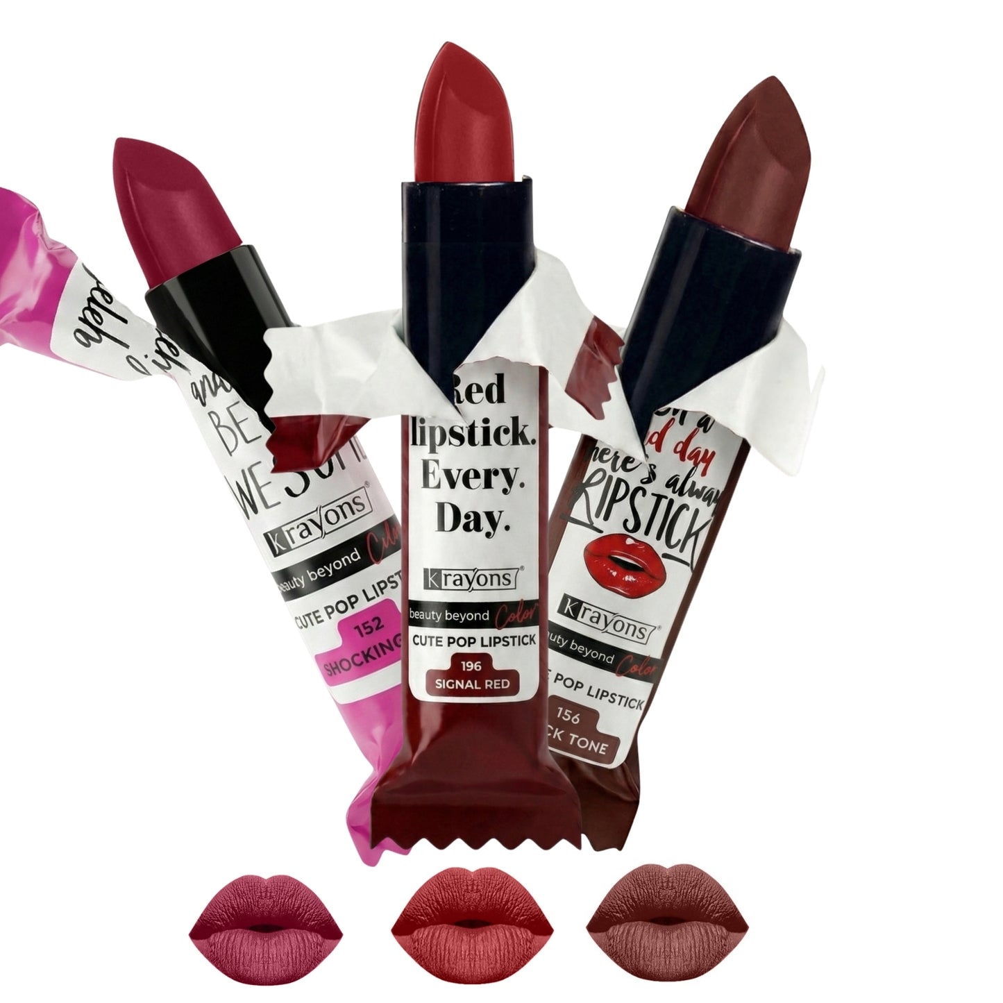 Krayons Cute  Matte Lipstick, Waterproof, Longlasting, 3.5gm Each, Pack of 3 (Shocking Pink, Brick Tone, Signal Red)