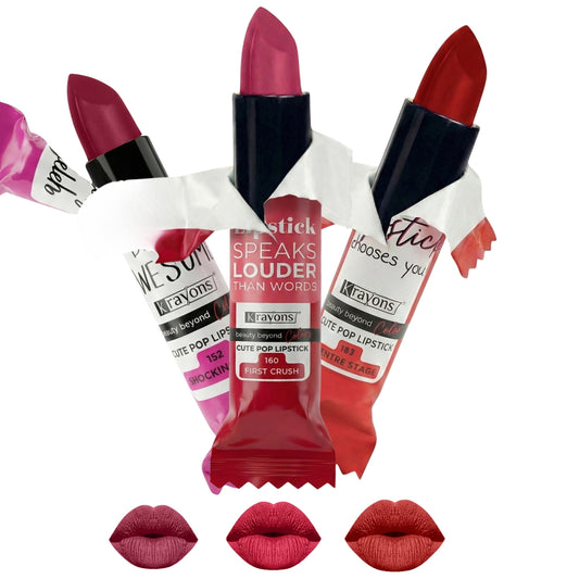 Krayons Cute  Matte Lipstick, Waterproof, Longlasting, 3.5gm Each, Pack of 3 (Shocking Pink, First Crush, Centre Stage)