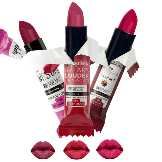 Krayons Cute  Matte Lipstick, Waterproof, Longlasting, 3.5gm Each, Pack of 3 (Shocking Pink, First Crush, Pink Lips)