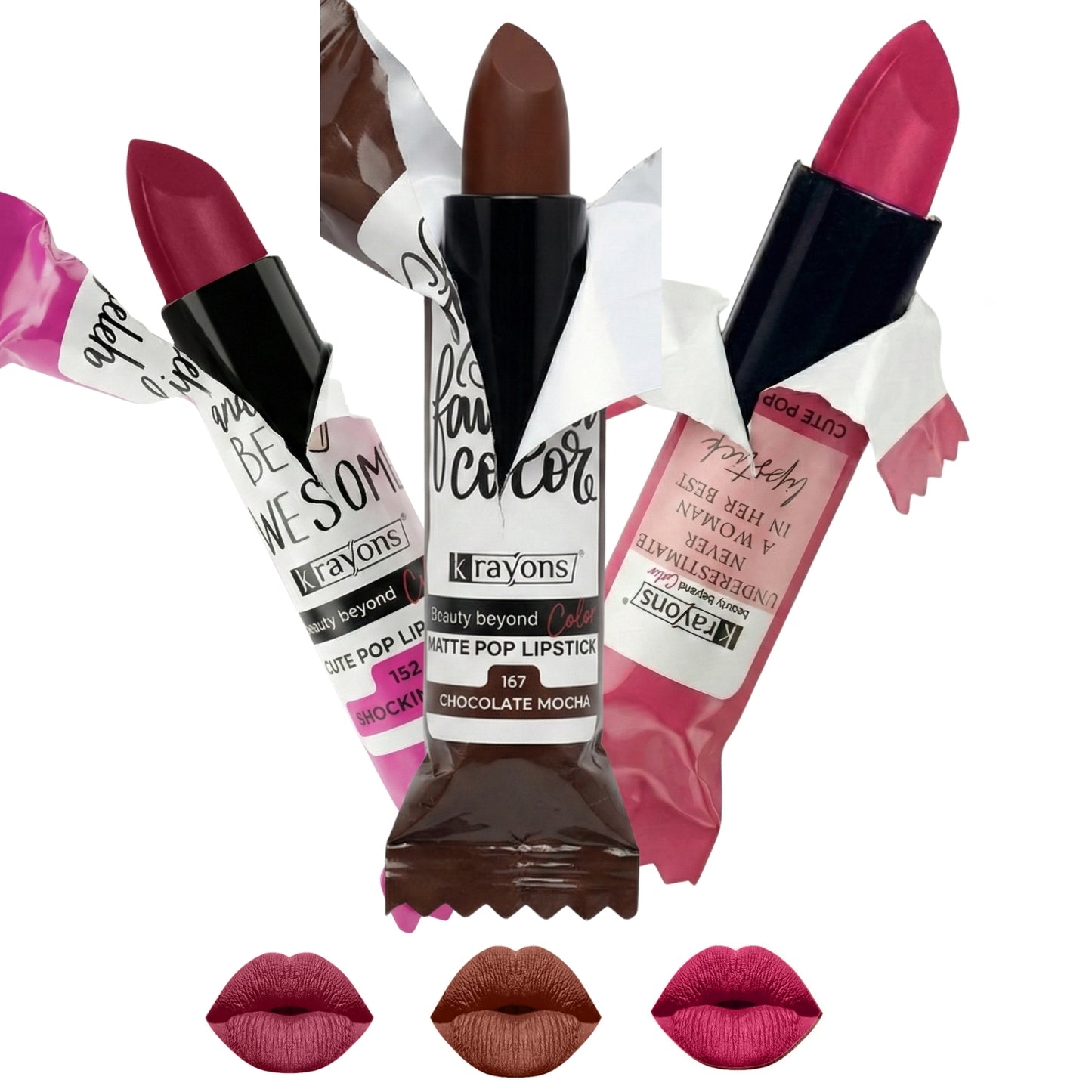Krayons Cute  Matte Lipstick, Waterproof, Longlasting, 3.5gm Each, Pack of 3 (Shocking Pink, Chocolate Mocha Angel Pink)