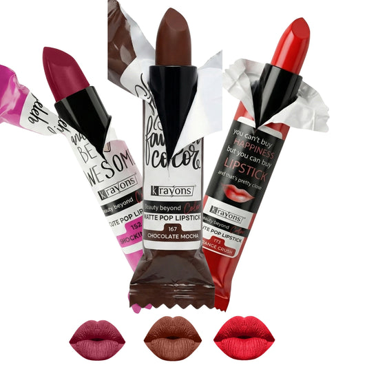 Krayons Cute  Matte Lipstick, Waterproof, Longlasting, 3.5gm Each, Pack of 3 (Shocking Pink, Chocolate Mocha, Orange Crush)