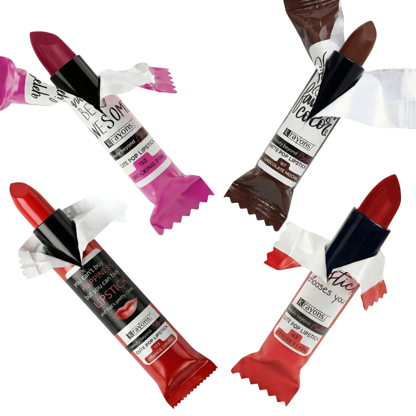 Krayons Cute  Matte Lipstick, Waterproof, Longlasting, 3.5gm Each, Pack of 4 (Shocking Pink, Chocolate Mocha, Orange Crush, Centre Stage)