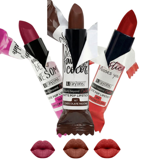 Krayons Cute  Matte Lipstick, Waterproof, Longlasting, 3.5gm Each, Pack of 3 (Shocking Pink, Chocolate Mocha, Centre Stage)