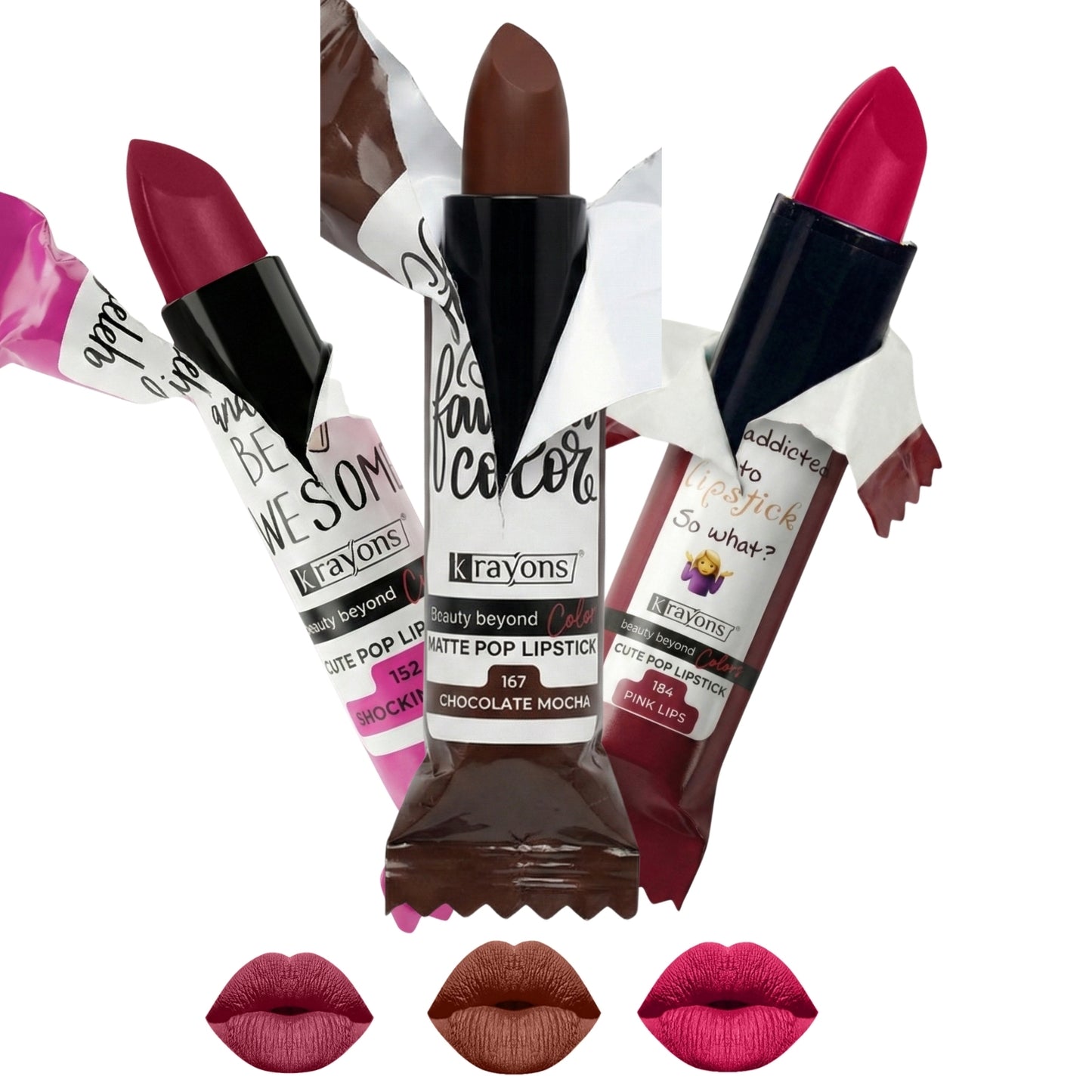 Krayons Cute  Matte Lipstick, Waterproof, Longlasting, 3.5gm Each, Pack of 3 (Shocking Pink, Chocolate Mocha, Pink Lips)