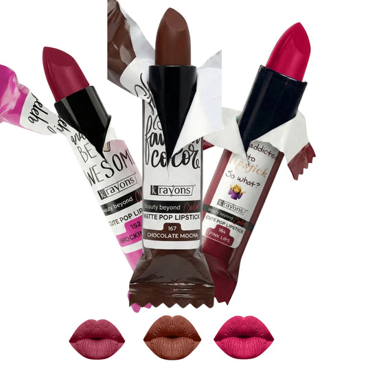 Krayons Cute  Matte Lipstick, Waterproof, Longlasting, 3.5gm Each, Pack of 3 (Shocking Pink, Chocolate Mocha, Pink Lips)