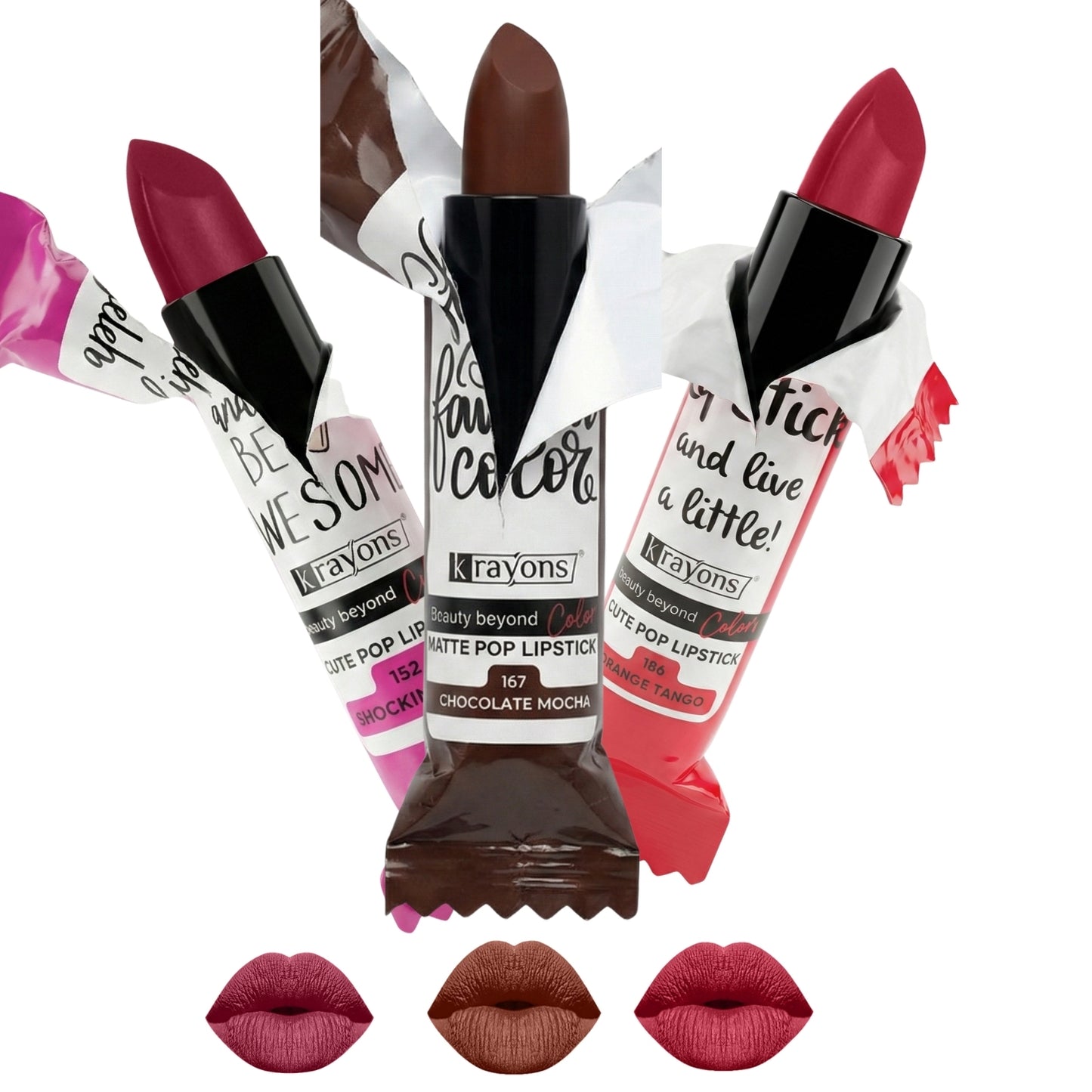 Krayons Cute  Matte Lipstick, Waterproof, Longlasting, 3.5gm Each, Pack of 3 (Shocking Pink, Chocolate Mocha, Orange Tango)