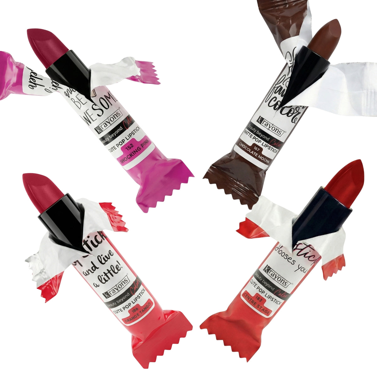 Krayons Cute  Matte Lipstick, Waterproof, Longlasting, 3.5gm Each, Pack of 4 (Shocking Pink, Chocolate Mocha, Orange Tango, Centre Stage)