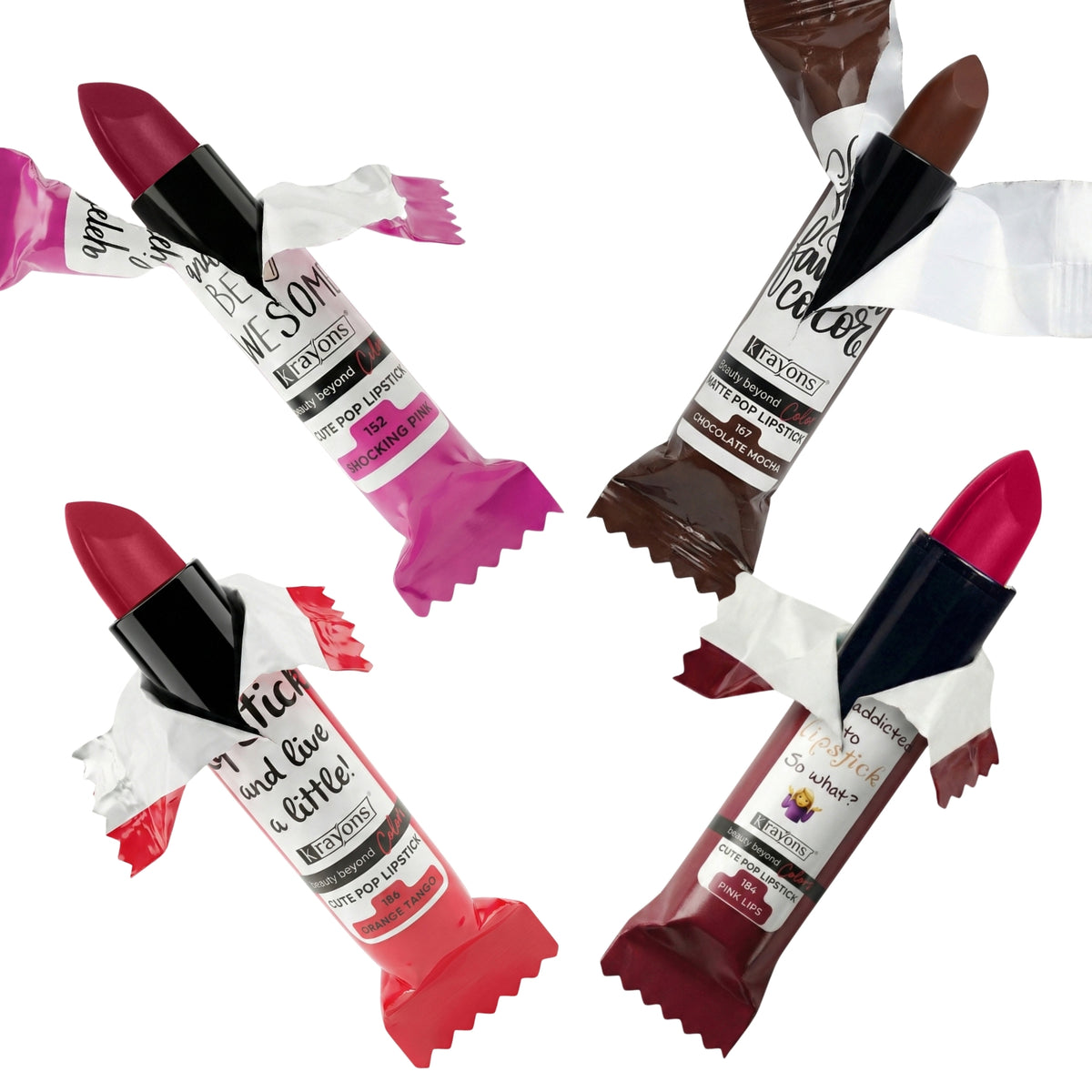 Krayons Cute  Matte Lipstick, Waterproof, Longlasting, 3.5gm Each, Pack of 4 (Shocking Pink, Chocolate Mocha, Orange Tango, Pink Lips)