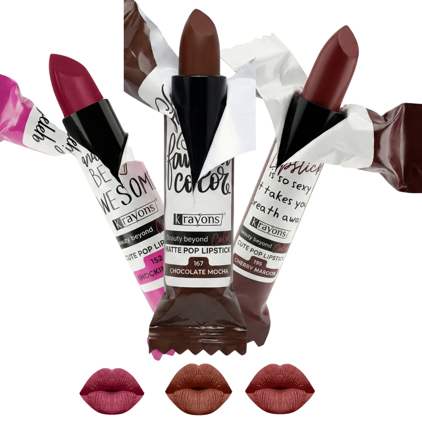 Krayons Cute  Matte Lipstick, Waterproof, Longlasting, 3.5gm Each, Pack of 3 (Shocking Pink, Chocolate Mocha, Cherry Maroon)