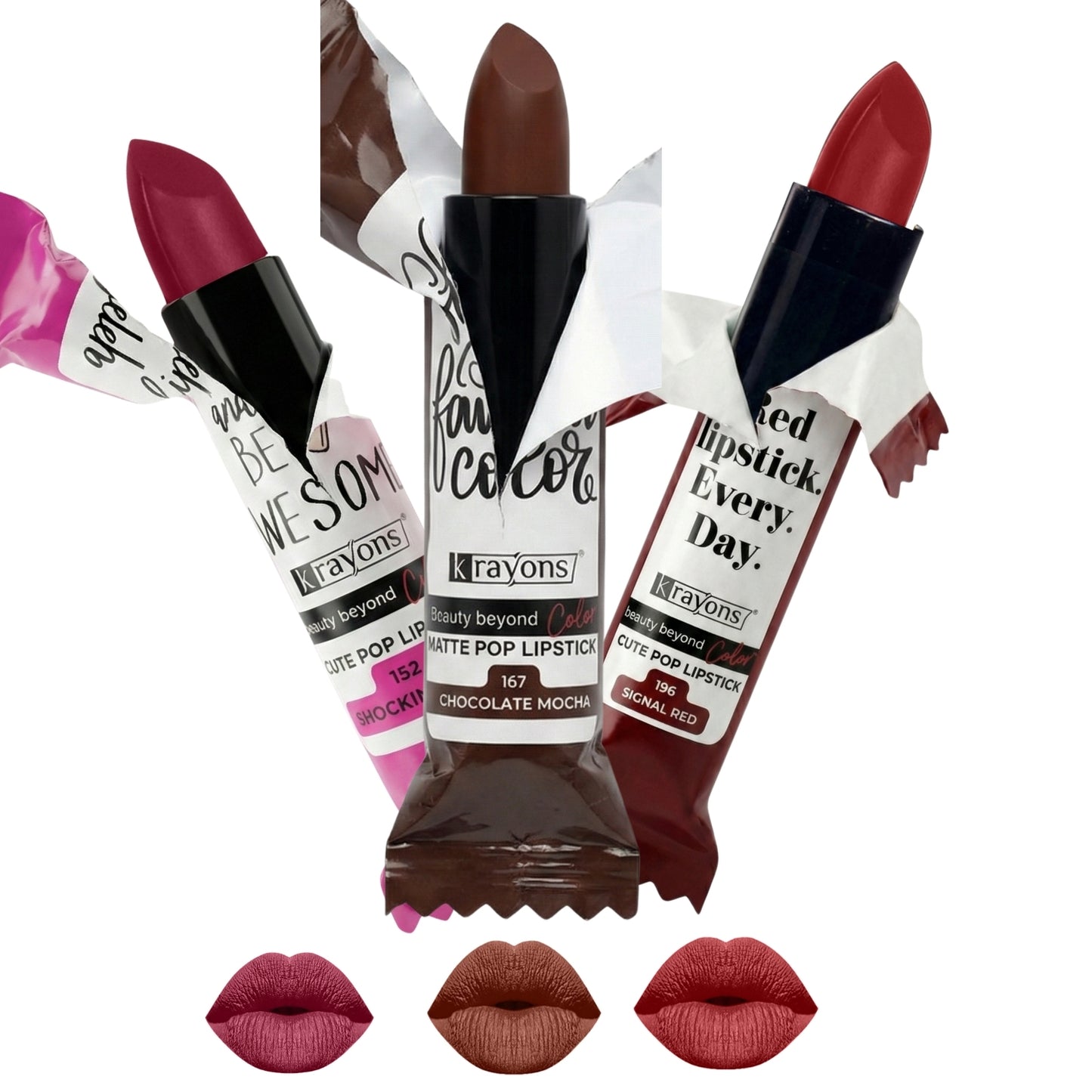 Krayons Cute  Matte Lipstick, Waterproof, Longlasting, 3.5gm Each, Pack of 3 (Shocking Pink, Chocolate Mocha, Signal Red)