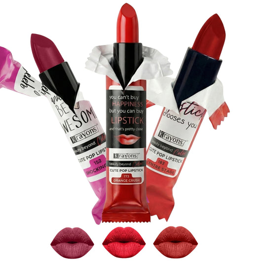 Krayons Cute  Matte Lipstick, Waterproof, Longlasting, 3.5gm Each, Pack of 3 (Shocking Pink, Orange Crush, Centre Stage)