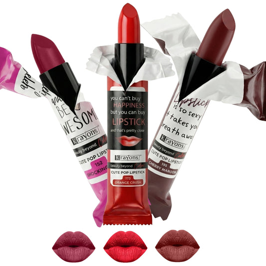 Krayons Cute  Matte Lipstick, Waterproof, Longlasting, 3.5gm Each, Pack of 3 (Shocking Pink, Orange Crush, Cherry Maroon)