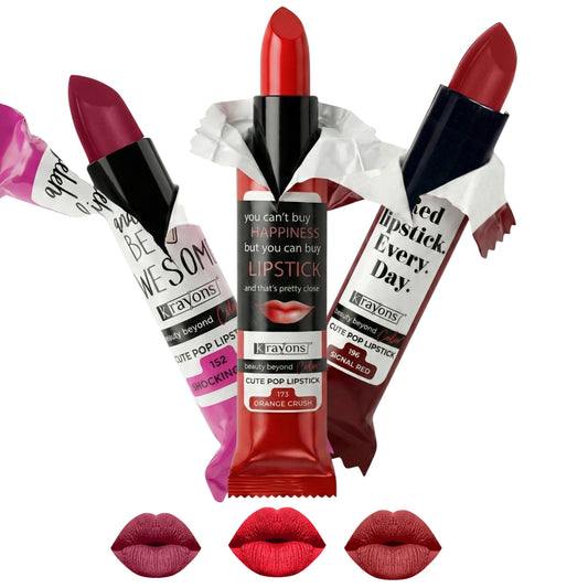 Krayons Cute  Matte Lipstick, Waterproof, Longlasting, 3.5gm Each, Pack of 3 (Shocking Pink, Orange Crush, Signal Red)
