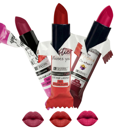 Krayons Cute  Matte Lipstick, Waterproof, Longlasting, 3.5gm Each, Pack of 3 (Shocking Pink, Centre Stage, Pink Lips)