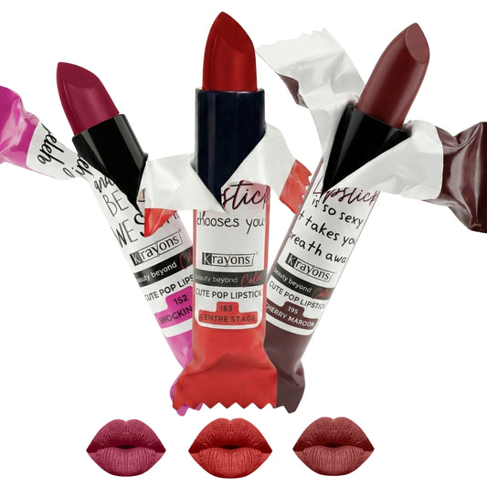Krayons Cute  Matte Lipstick, Waterproof, Longlasting, 3.5gm Each, Pack of 3 (Shocking Pink, Centre Stage, Cherry Maroon)
