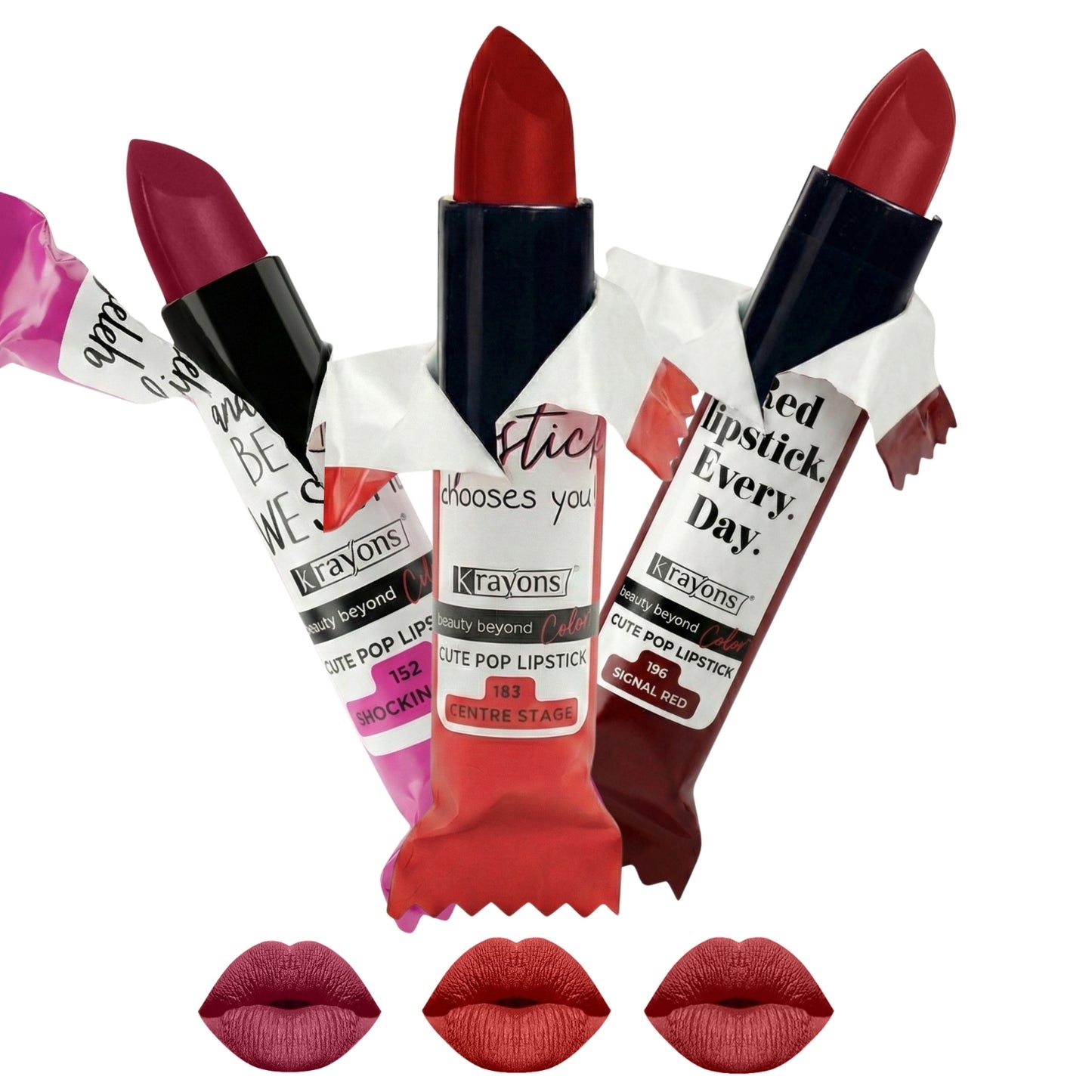 Krayons Cute  Matte Lipstick, Waterproof, Longlasting, 3.5gm Each, Pack of 3 (Shocking Pink, Centre Stage, Signal Red)