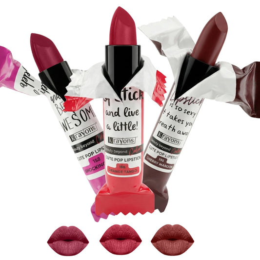 Krayons Cute  Matte Lipstick, Waterproof, Longlasting, 3.5gm Each, Pack of 3 (Shocking Pink, Orange Tango, Cherry Maroon)