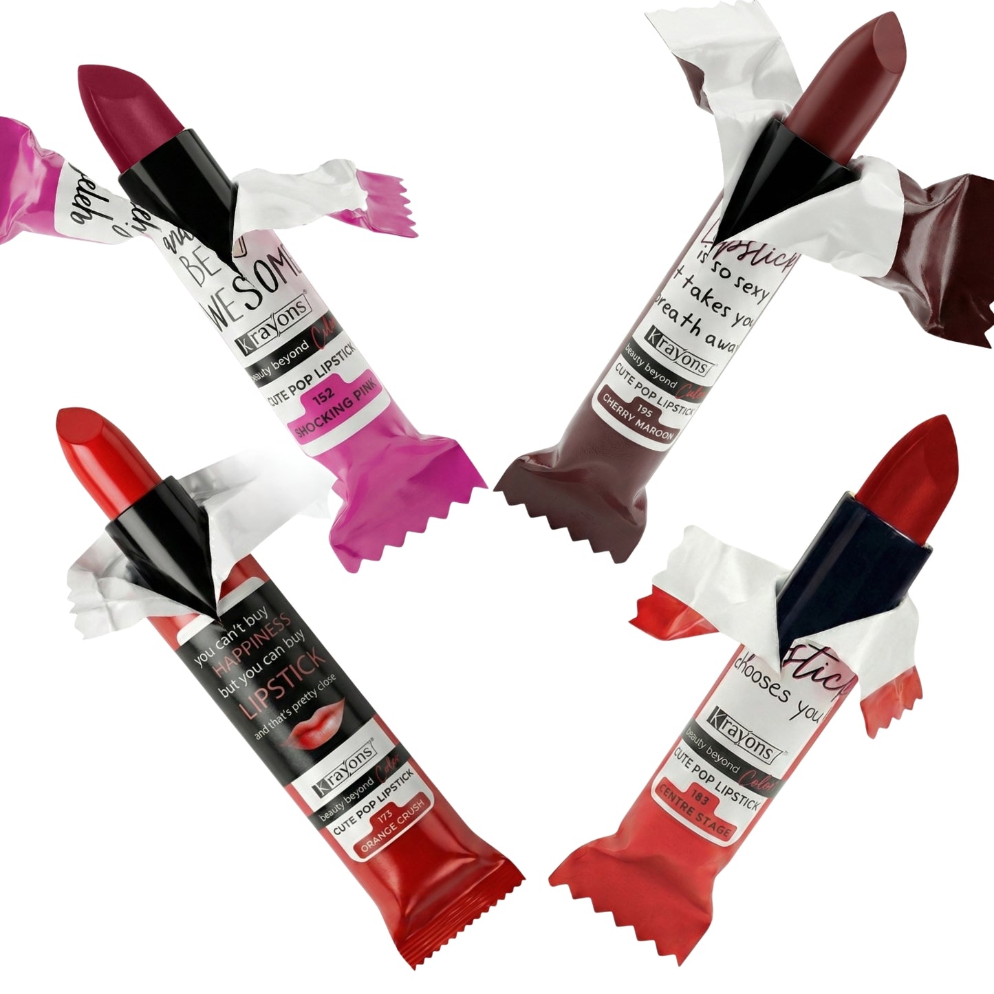 Krayons Cute  Matte Lipstick, Waterproof, Longlasting, 3.5gm Each, Pack of 4 (Shocking Pink, Cherry Maroon, Orange Crush, Centre Stage)