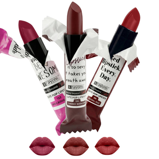 Krayons Cute  Matte Lipstick, Waterproof, Longlasting, 3.5gm Each, Pack of 3 (Shocking Pink, Signal Red, Cherry Maroon)