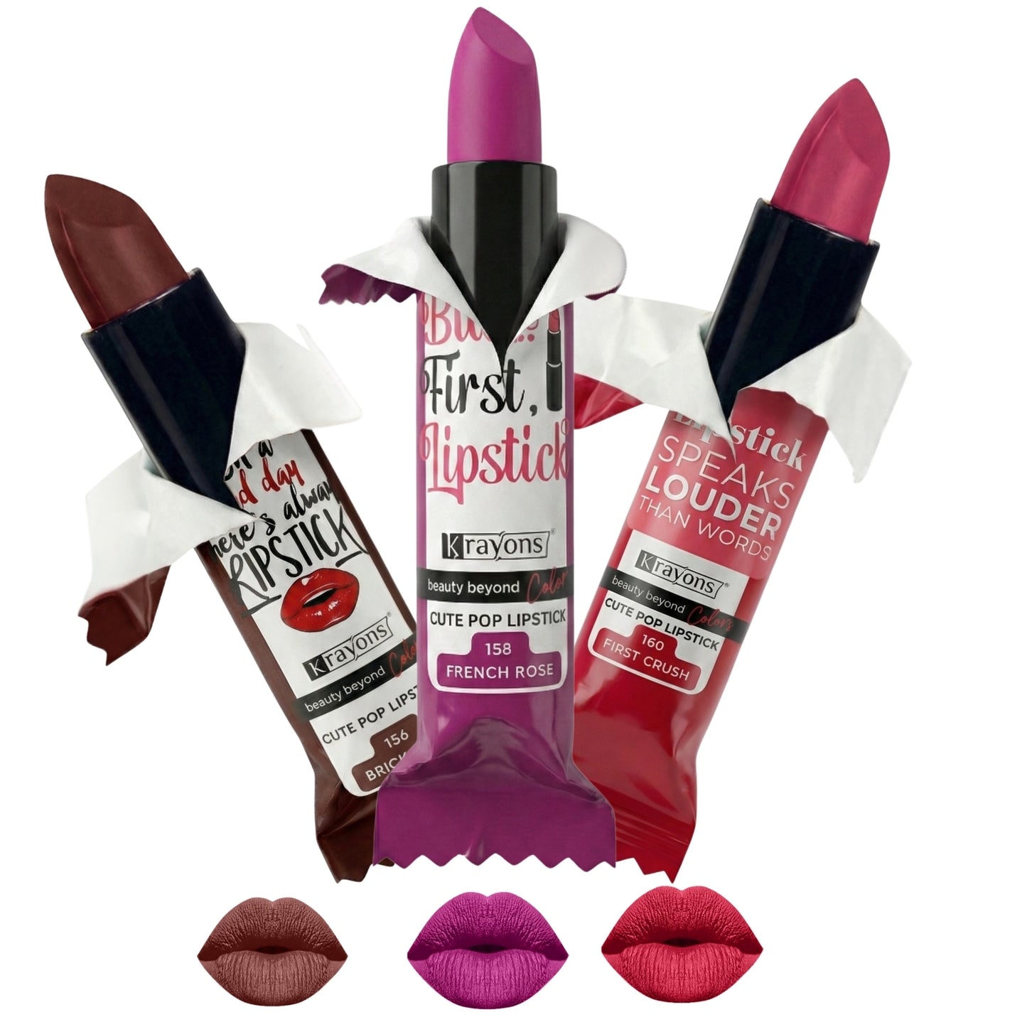 Krayons Cute  Matte Lipstick, Waterproof, Longlasting, 3.5gm Each, Pack of 3 (Brick Tone, French Rose, First Crush)