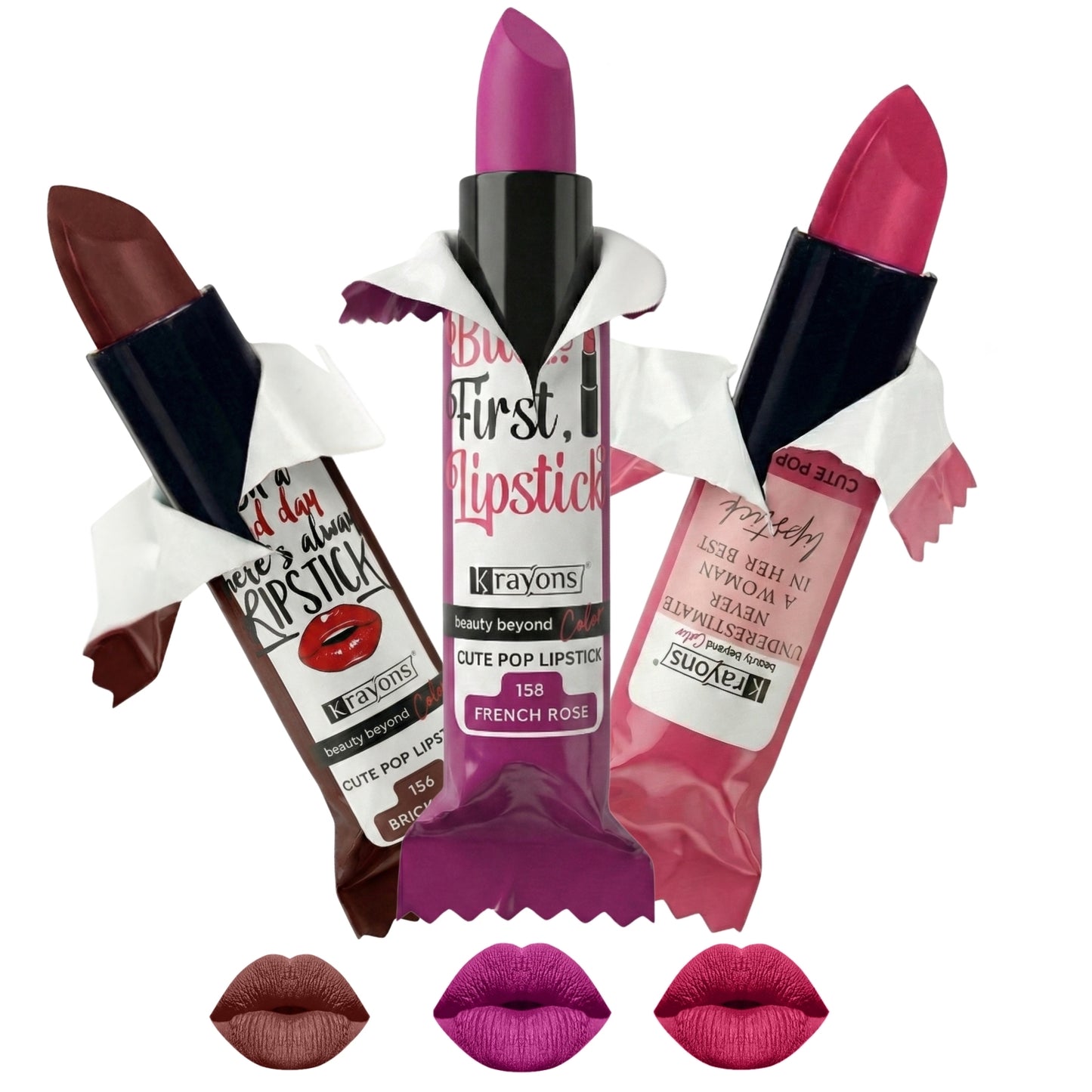 Krayons Cute  Matte Lipstick, Waterproof, Longlasting, 3.5gm Each, Pack of 3 (Brick Tone, French Rose, Angel Pink)