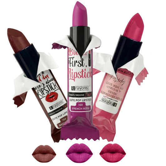 Krayons Cute  Matte Lipstick, Waterproof, Longlasting, 3.5gm Each, Pack of 3 (Brick Tone, French Rose, Angel Pink)