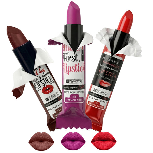 Krayons Cute  Matte Lipstick, Waterproof, Longlasting, 3.5gm Each, Pack of 3 (Brick Tone, French Rose, Orange Crush)