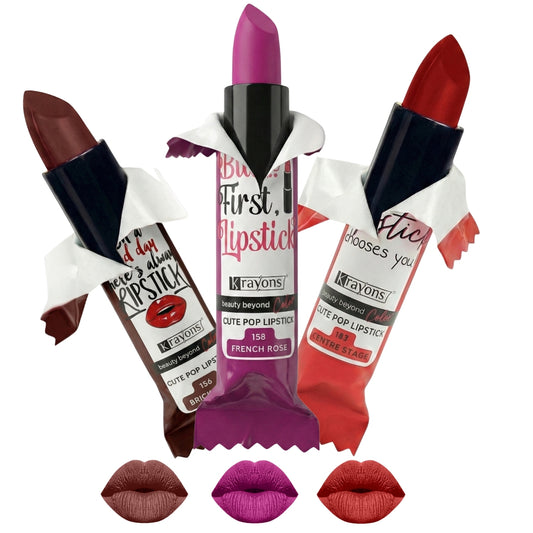 Krayons Cute  Matte Lipstick, Waterproof, Longlasting, 3.5gm Each, Pack of 3 (Brick Tone, French Rose, Centre Stage)