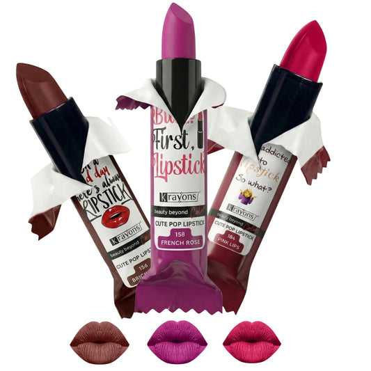 Krayons Cute  Matte Lipstick, Waterproof, Longlasting, 3.5gm Each, Pack of 3 (Brick Tone, French Rose, Pink Lips)