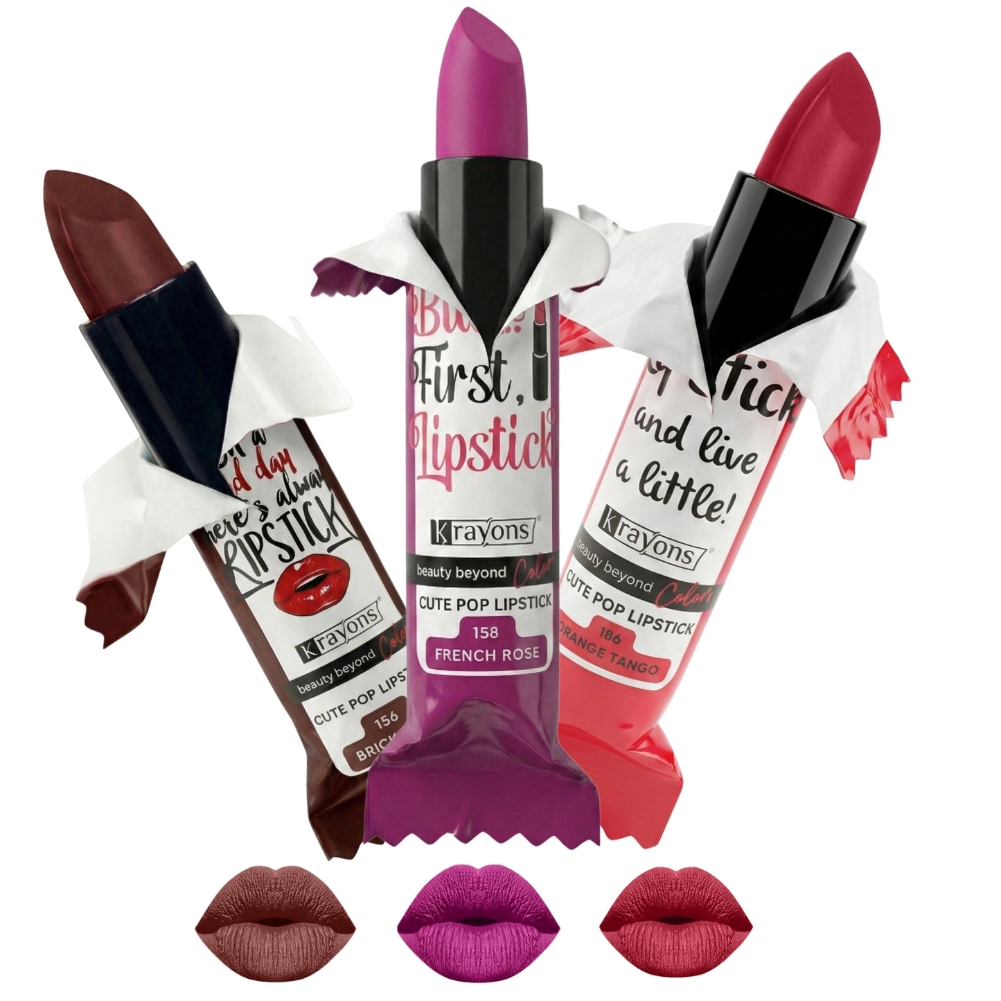 Krayons Cute  Matte Lipstick, Waterproof, Longlasting, 3.5gm Each, Pack of 3 (Brick Tone, French Rose, Orange Tango)