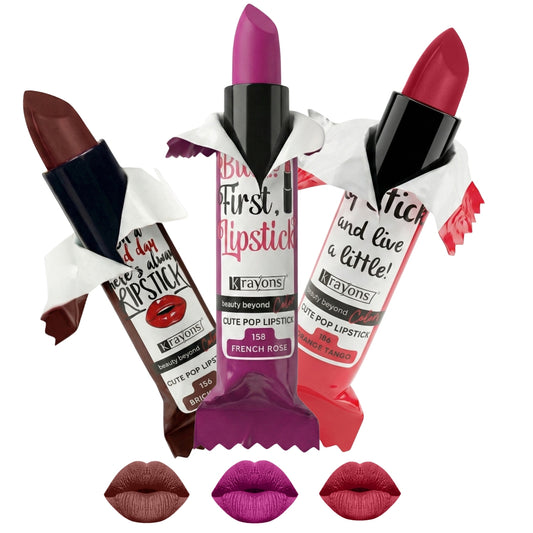 Krayons Cute  Matte Lipstick, Waterproof, Longlasting, 3.5gm Each, Pack of 3 (Brick Tone, French Rose, Orange Tango)