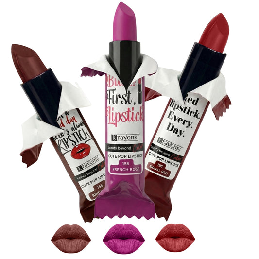 Krayons Cute  Matte Lipstick, Waterproof, Longlasting, 3.5gm Each, Pack of 3 (Brick Tone, French Rose, Signal Red)