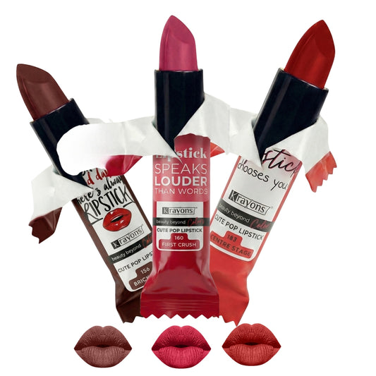 Krayons Cute  Matte Lipstick, Waterproof, Longlasting, 3.5gm Each, Pack of 3 (Brick Tone, First Crush, Centre Stage)