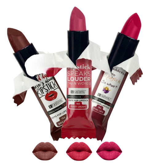 Krayons Cute  Matte Lipstick, Waterproof, Longlasting, 3.5gm Each, Pack of 3 (Brick Tone, First Crush, Pink Lips)
